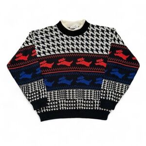 Vintage 1980s Scottish Terrier dog Black, Red, and Blue Patterned Sweater M